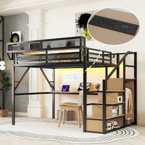 TIRAMISUBEST Queen Loft Bed with Bulit-in Desk and Charging Station, Full Size Metal Loft Bedframe with Storage Staircase and LED Light for Kids Teens - 1 of 4