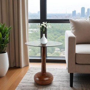 Round Modern Wood and Glass Accent Table Side Table for Home, Office, Bedroom, and Living Room - 1 of 4