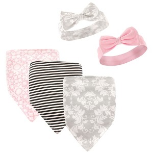Hudson Baby Infant Girl Cotton Bib and Headband Set 5pk, Damask, One Size - 1 of 4