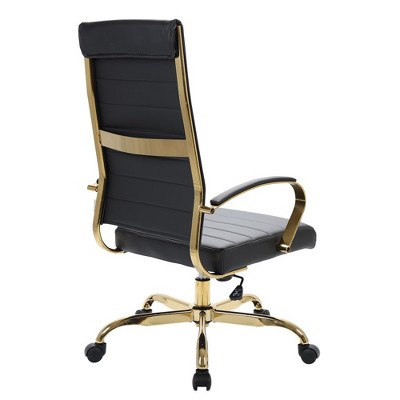 Black Leather High-Back Ergonomic Swivel Office Chair with Gold Frame