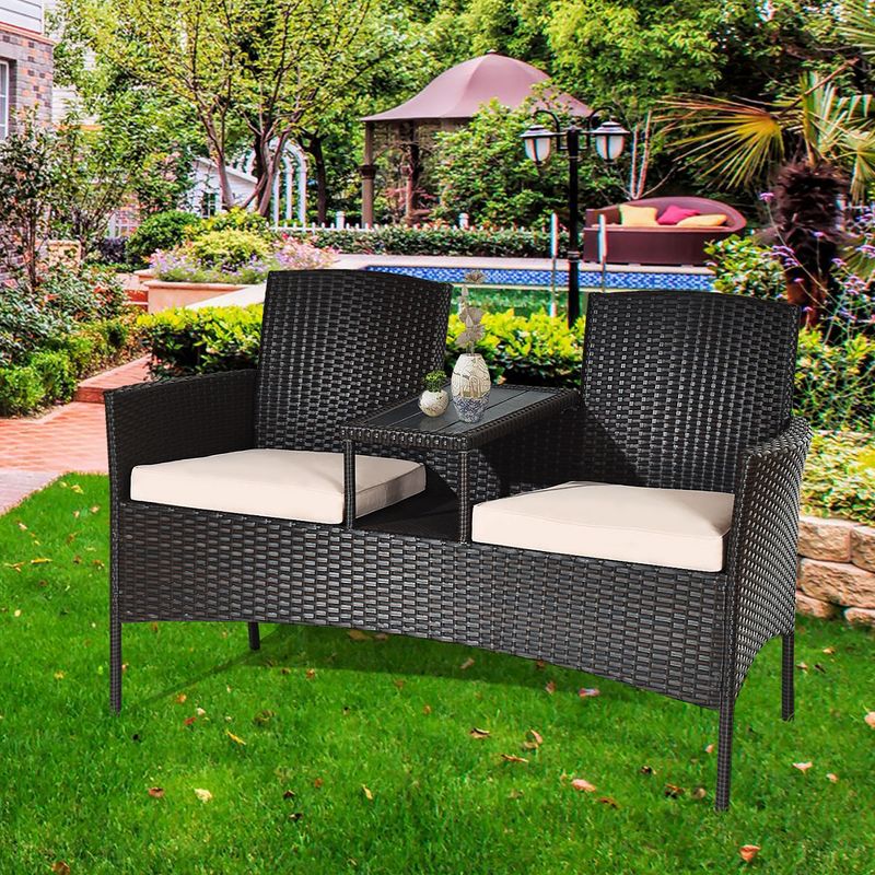 Costway Patented Patio Rattan Conversation Set Loveseat Sofa Cushioned Coffee Table Mix Brown, 1 of 13