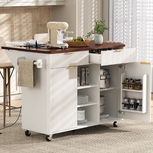 LOVSON 52''Recessed Kitchen Island with Folding Flap, Power Outlet, Adjustable Shelves, and Dual-Door Dual-Drawer Kitchen Storage Cart, White - 1 of 4