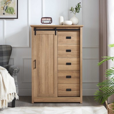 5 Drawers Dresser w/Sliding Barn Door, Farmhouse Modern Tall Dresser 5 Chest of Drawers