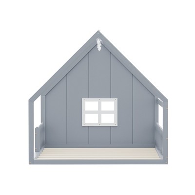 APRILSOUL Full Size Wood House Bed with Window and Fence, Gray