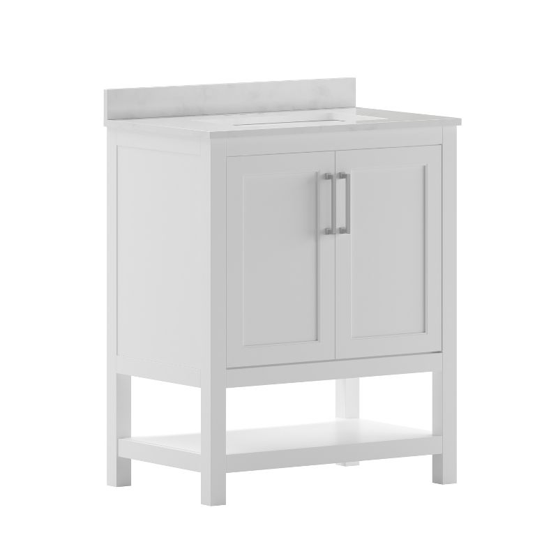 Merrick Lane Bathroom Vanity with Ceramic Sink, Carrara Marble Finish Countertop, Storage Cabinet with Soft Close Doors and Open Shelf, 1 of 13