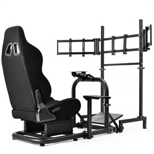 Dardoo All-in-One Sim Racing Cockpit with Integrated Triple Monitor Stand & Black Seat for Logitech, Thrustmaster, Fanatec - 1 of 4