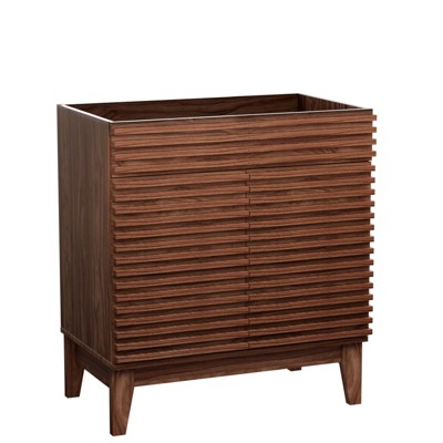 ROOMTEC 24 in. Bathroom Vanity, Mid-Century Cabinet with 2 Soft-Close Doors, Freestanding, Wood Grain Laminate, Walnut (Sink Not Included)