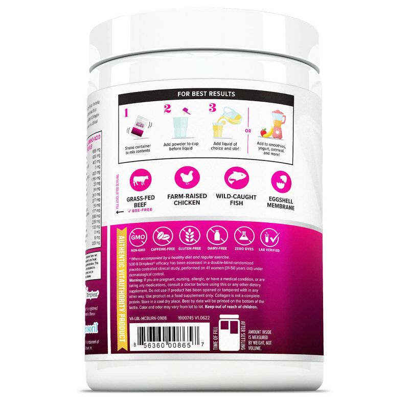 Multi Collagen Burn Powder, Hydrolyzed Collagen Peptides Powder with Types I II III V X for Weight Loss Support, Vitauthority, Unflavored 30 Servings, 3 of 6