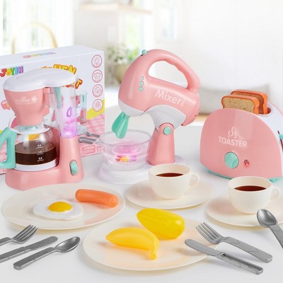 Pink Pretend Play Kitchen Set with Coffee Maker, Mixer, Toaster