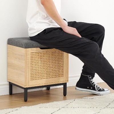 Homhougo Storage Chest with Foam Pad Seating Cushion, Natural Rattan 16in Storage Bench Organizer Brown