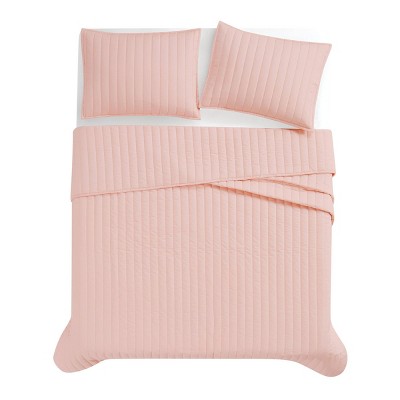 Blush Cotton Full/Queen Quilt Set with Vertical Channel Stitch