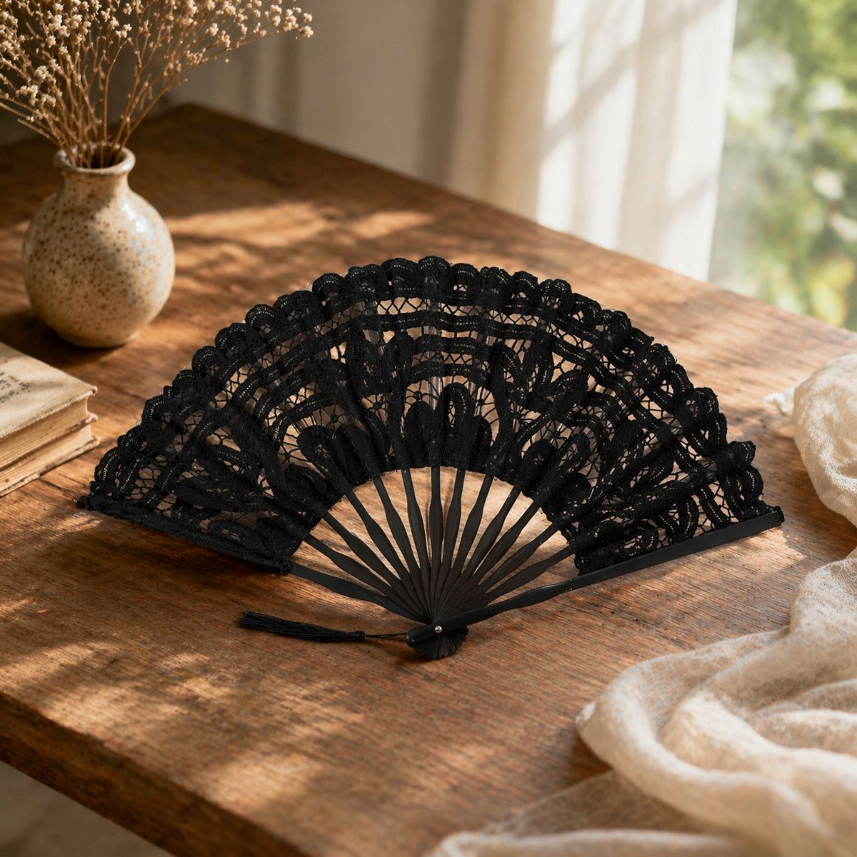Saro Lifestyle Battenberg Lace Folding Hand Fan - Decorative Cotton Fan with Tassel, Elegant Accessory for Events, Travel and Everyday Use - thumbnail 3