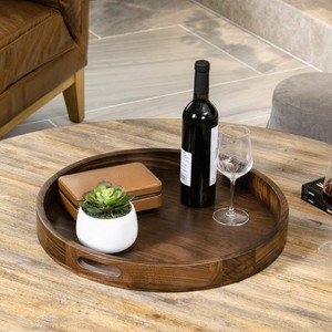 KINWELL Round Black Walnut Wood Serving Tray Ottoman Tray with Handles - 1 of 4