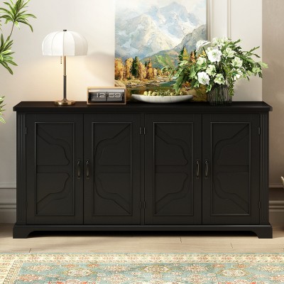 Country Style Wooden Sideboard Buffet Cabinet Accent Storage Cabinet Cupboard Console Table w/Pine Doors & Legs, 4 Metal Handles for Entryway