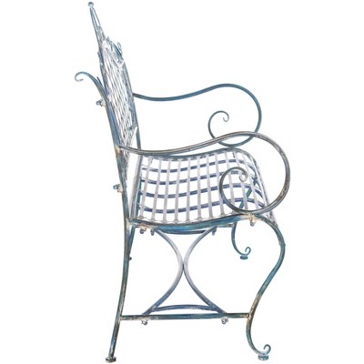 Antique Blue Wrought Iron Outdoor Garden Bench 45.75 Inch