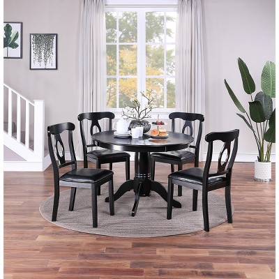 VYNXARIA Classic Design Dining Room 5pc Set Round Table 4x side Chairs Cushion Fabric Upholstery Seat Rubberwood Furniture