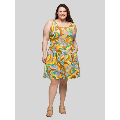 24seven Comfort Apparel Plus Size Yellow Paisley Sleeveless Pleated Knee Length Pocket Dress