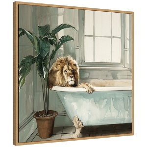 Kate & Laurel All Things Decor 30"x30" Sylvie Lion Relaxing in Tub Zen Bathroom Framed Canvas by The Creative Bunch Studio Natural - 1 of 4