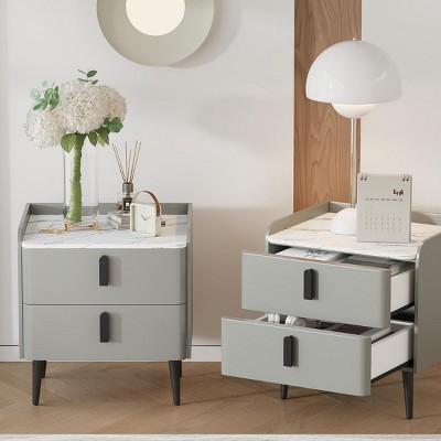 INFURNIC Nightstands Set of 2 Night Stand with 2 Drawers Marble Pattern Tabletop Modern Design for Bedroom Living Room, Grey, 19.88"*15.94"*20.16"