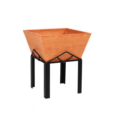 12.25" Small Modern Geometric Marion Wood Stone and Iron Planter with Stand Terra Cotta Finish - Achla Designs