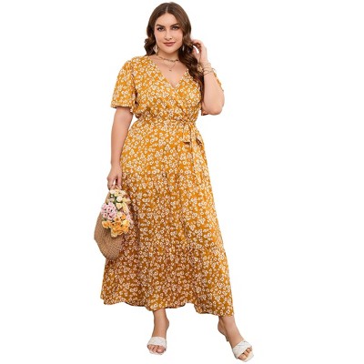 Coolmee Women Summer Maxi Dress Plus Size V Neck Wrap Floral Print Short Sleeves Ruffle Tiered Dress with Belt 5XLCaramel color flower