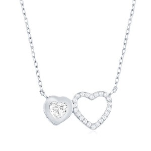 Bella Silver Sterling Silver, Double Heart CZ Necklace - Silver - 16+2 Inch - 1 of 2