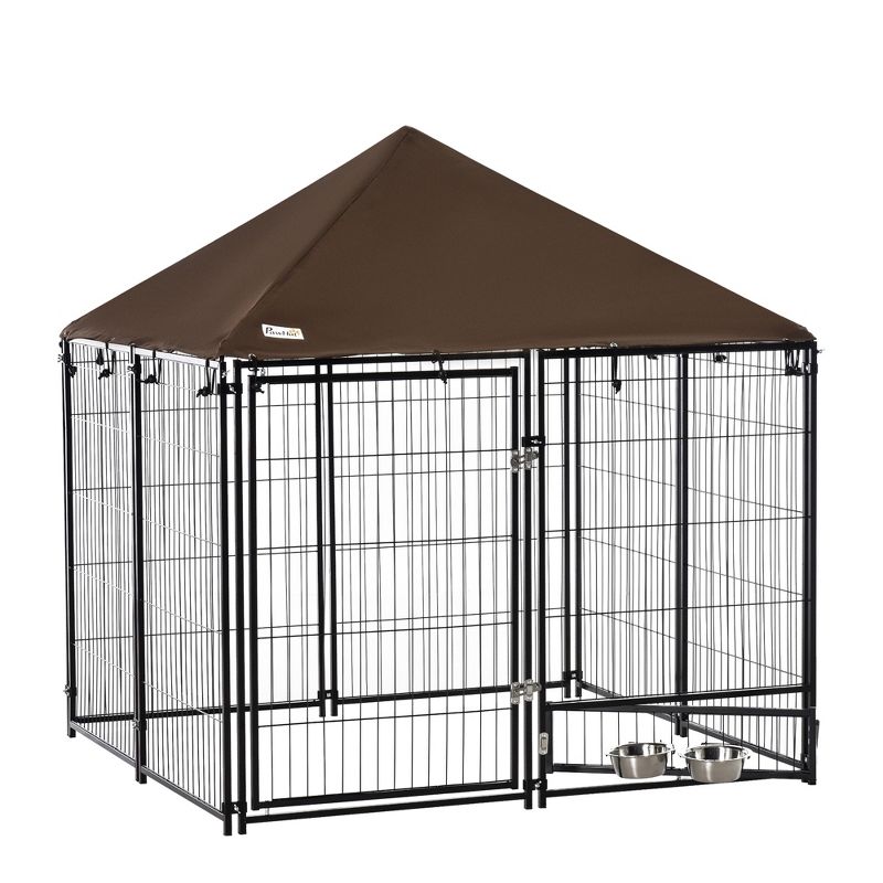 PawHut Outdoor Dog Kennel, Puppy Play Pen with Canopy Garden Playpen Fence Crate Enclosure Cage Rotating Bowl, Black, 4 of 7