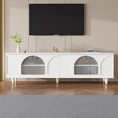 VYNXARIA Contemporary TV Stand with Adjustable Shelves for TVs Up to 78in, Stylish Media Console with Gold Handles and Arch Fluted Glass Doors, White