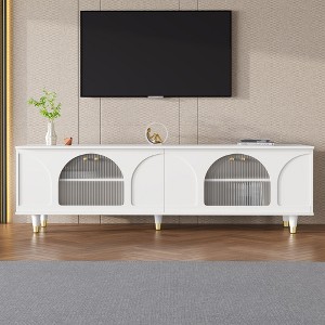 VYNXARIA Contemporary TV Stand with Adjustable Shelves for TVs Up to 78in, Stylish Media Console with Gold Handles and Arch Fluted Glass Doors, White - 1 of 4