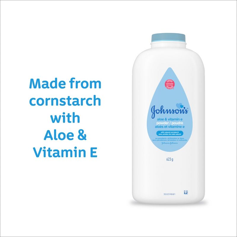 Johnson&#39;s Naturally Derived Cornstarch Baby Powder, Aloe &#38; Vitamin E for Delicate Skin - 22oz, 4 of 8