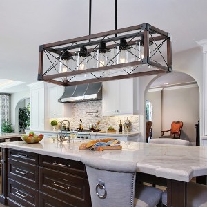 DOMETOUR 32'' Red Wood Farmhouse 5-Light Rectangle Pendant Chandelier for Dining Room, Kitchen Island, Cafe Decor (No Bulbs) - 1 of 4