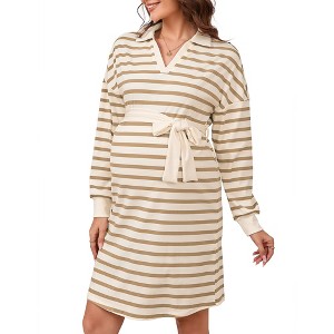 Clearlove Women's Polo Striped V Neck Dresses for Women 2025 Long Sleeve Dress - 1 of 4