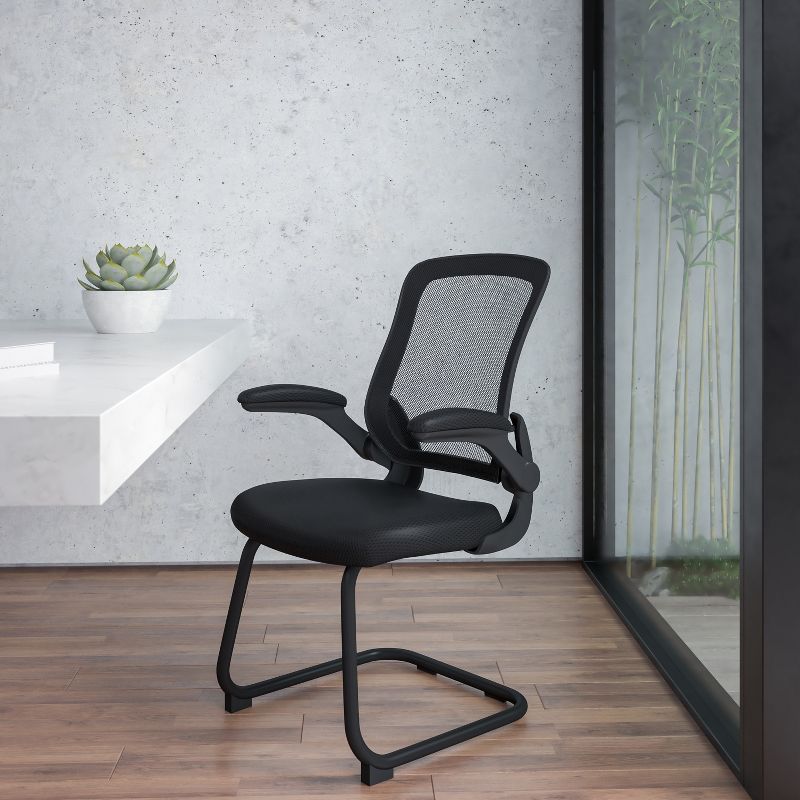 Emma and Oliver Black Mesh Sled Base Side Reception Guest Office Chair with Flip-Up Arms, 3 of 15