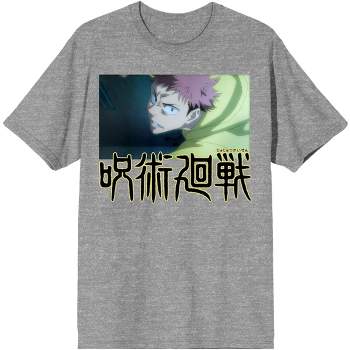 Jujutsu Kaisen Anime Cartoon Yuji Itadori Logo Mens Grey Graphic Tee Shirt