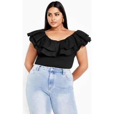 Women's Plus Size Frill Shoulder Bodysuit - black | CITY CHIC
