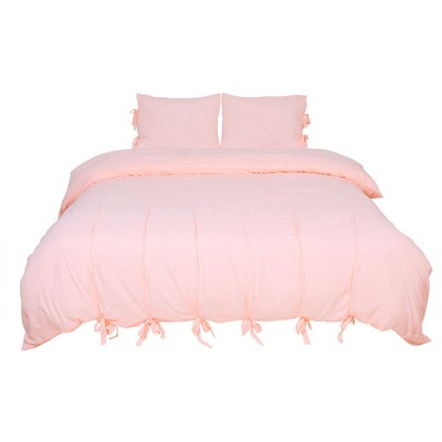 3 Pcs Washed Cotton Solid with Bowknot Closure Design Bedding Sets King Light Pink - PiccoCasa