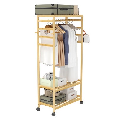 Artloge 3 Tier Wooden Clothes Rail Mobile Garment Rack Stand Heavy Duty Clothing Coat Shoes Bags Rack with Hooks & Wheels for Bedroom Home Storage