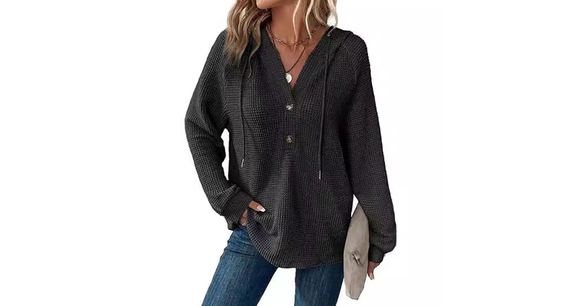 Clearlove Women's Long Sleeve Buttoned Pullover V-Neck Hoodie Drawstring Sweatshirt Shirt
