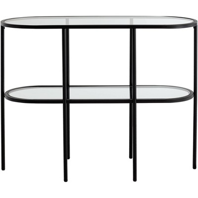 Remy Black Metal Oval Console Table with Clear Glass Shelves and Storage