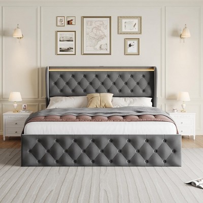 Whizmax LED Platform Bed Frame with Charging Station, Velvet Upholstered Bed Frame, Metal Frame with No Box Spring Needed, Gray