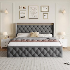 Whizmax LED Platform Bed Frame with Charging Station, Velvet Upholstered Bed Frame, Metal Frame with No Box Spring Needed, Gray - 1 of 4