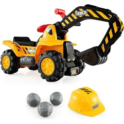 Costzon Ride-on Excavator, Construction Digger Cart with Helmet, 3 Stones, Sound, Adjustable Bucket, Storage, Outdoor Pretend Toy for Toddlers (Gift)
