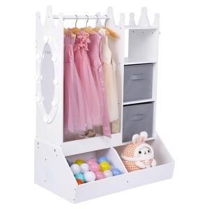 Kids Dress Up Storage with Mirror, Single Rod Kids Wardrobe Closet with 3 Hooks, Open Hanging Toddler Dress Up Rack, Armoire Costume Organizer - 1 of 4
