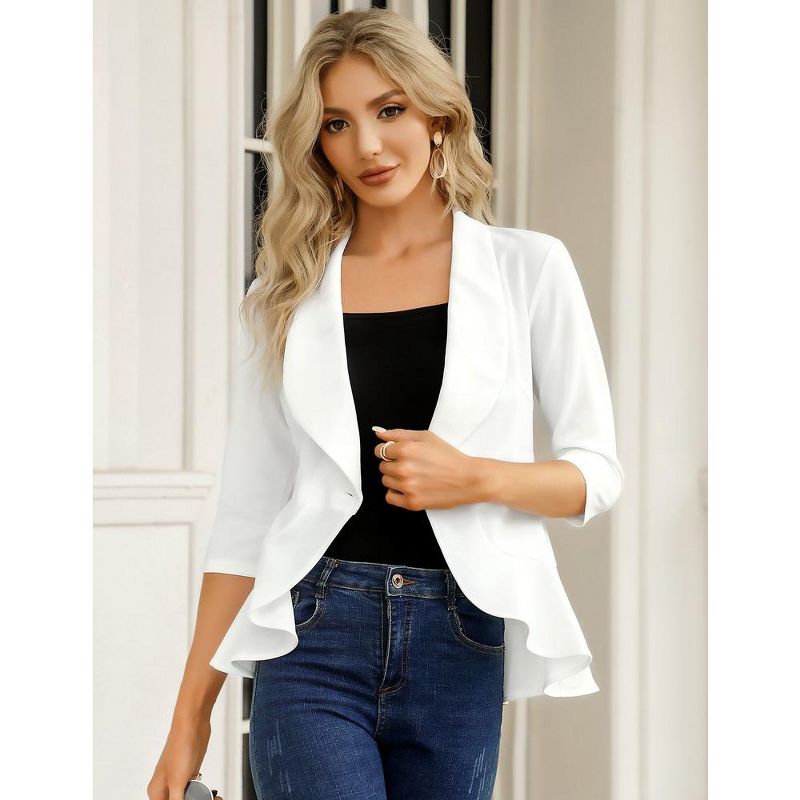Womens Casual Blazer 3/4 Sleeve Open Front Ruffle Work Office Cardigan Suit Jacket, 3 of 7