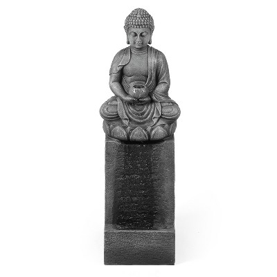 Luxenhome Gray Resin Meditating Buddha On Column Outdoor Fountain With ...