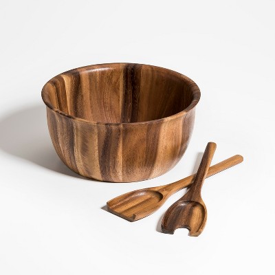 Kalmar Home 11-Inch Acacia Wood Large Soro Salad Bowl with Servers