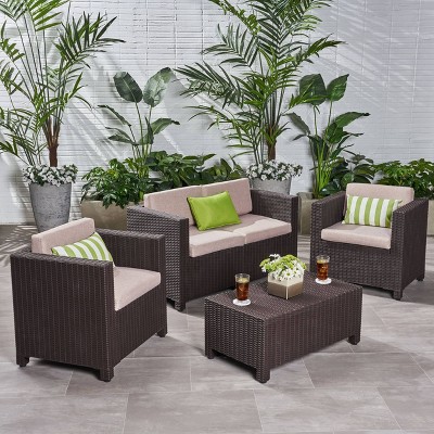 Waverly 4pc All Weather Faux Wicker Patio Chat Set - Dark Brown/Beige - Christopher Knight Home: Outdoor Conversation Furniture Set