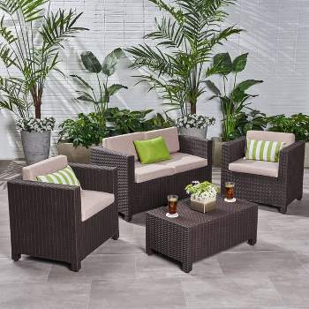 Waverly 4pc All Weather Faux Wicker Patio Chat Set - Dark Brown/Beige - Christopher Knight Home