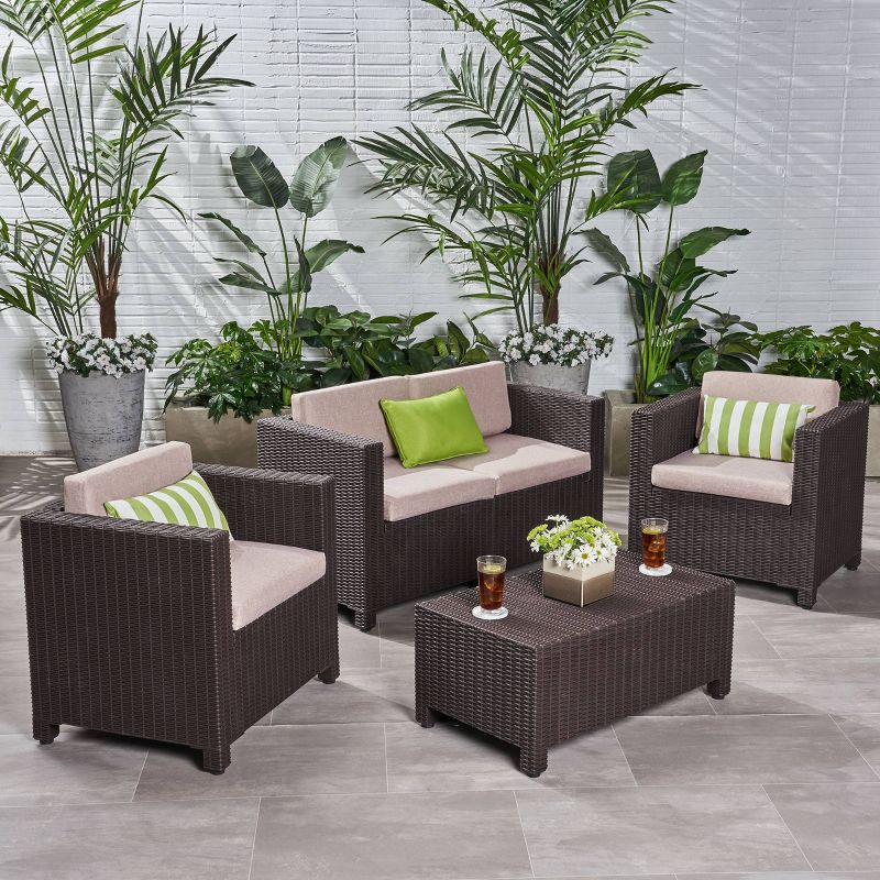 Waverly 4pc All Weather Faux Wicker Patio Chat Set - Dark Brown/Beige - Christopher Knight Home, 1 of 8