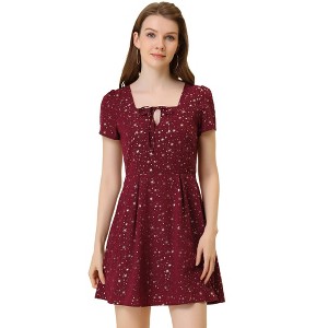 Allegra K Women's Star Floral Multi Pattern Casual Square Neck Short Sleeve Mini A-Line Dress - 1 of 4